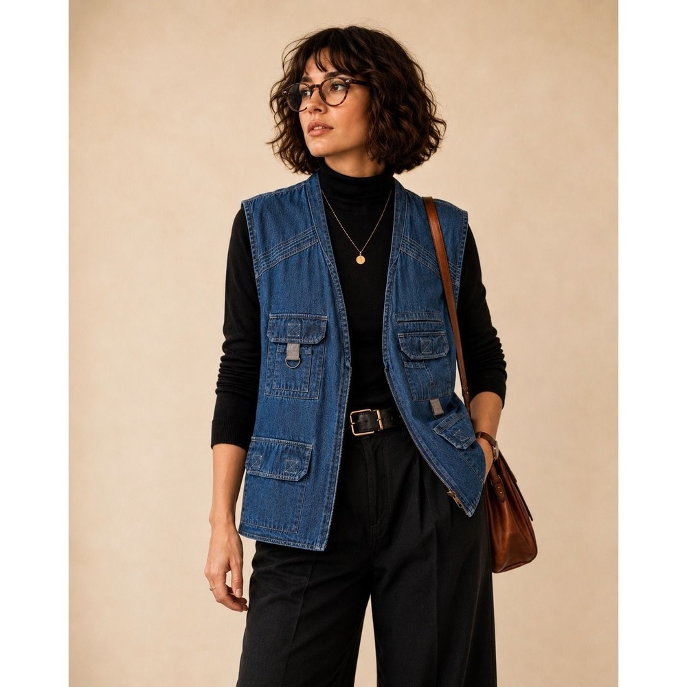 Scandia Woods Denim Utility Vest Large 100% Cotton Gorpcore Safari Layering